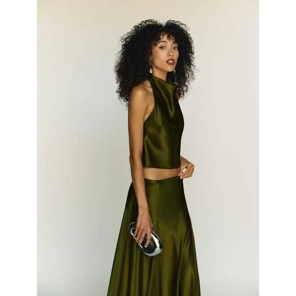 Reformation Sera Silk Two Piece Set Green Halter Crop Top Maxi Skirt - Picture 2 of 7